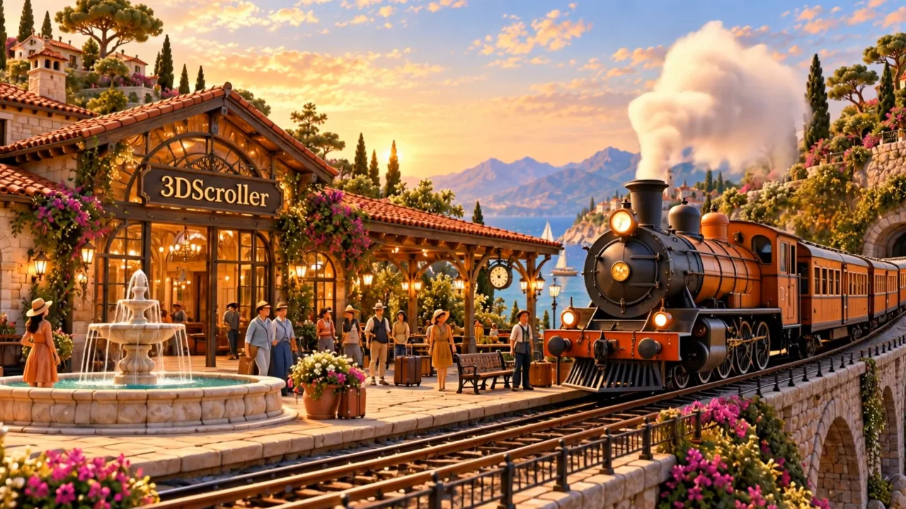 The 3DScroller station, with a steam train arriving